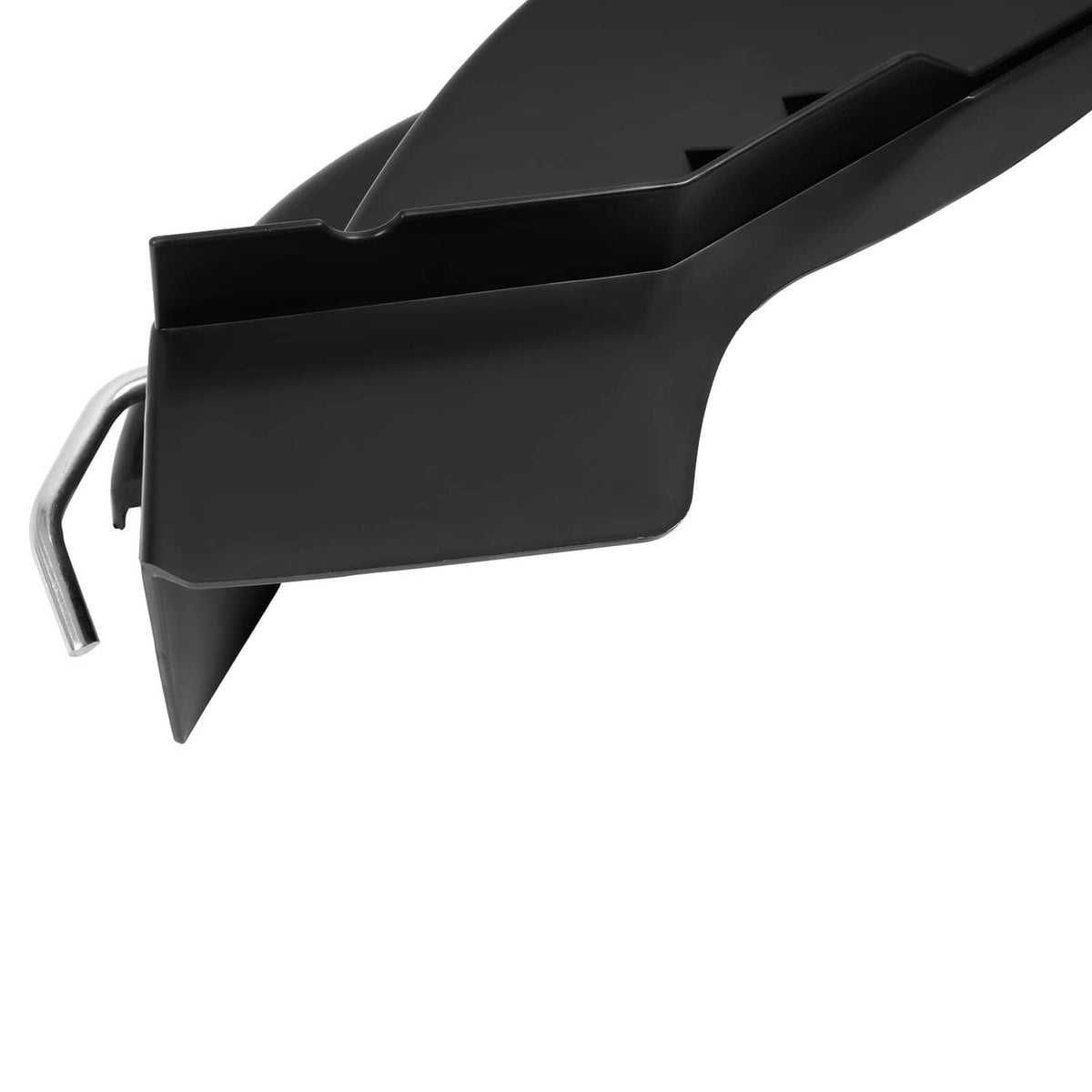 Black mulching plug bracket detail with protruding steel installation rod