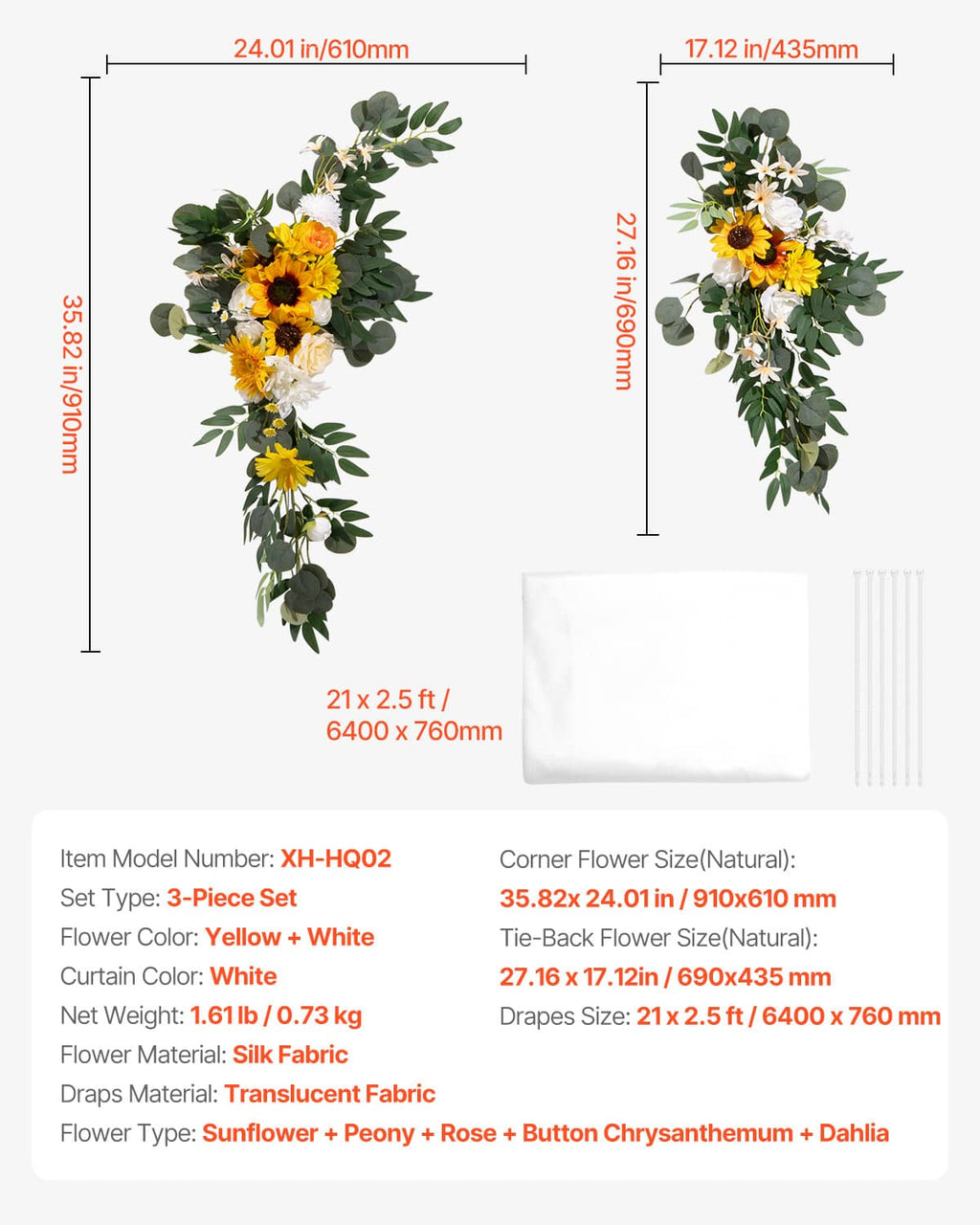 Two-piece wedding arch floral set with green wreaths, yellow blooms, and white tie-back drapes