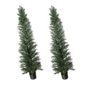 Artificial cedar topiary tree set of 2 in dark plastic pots with dense green foliage