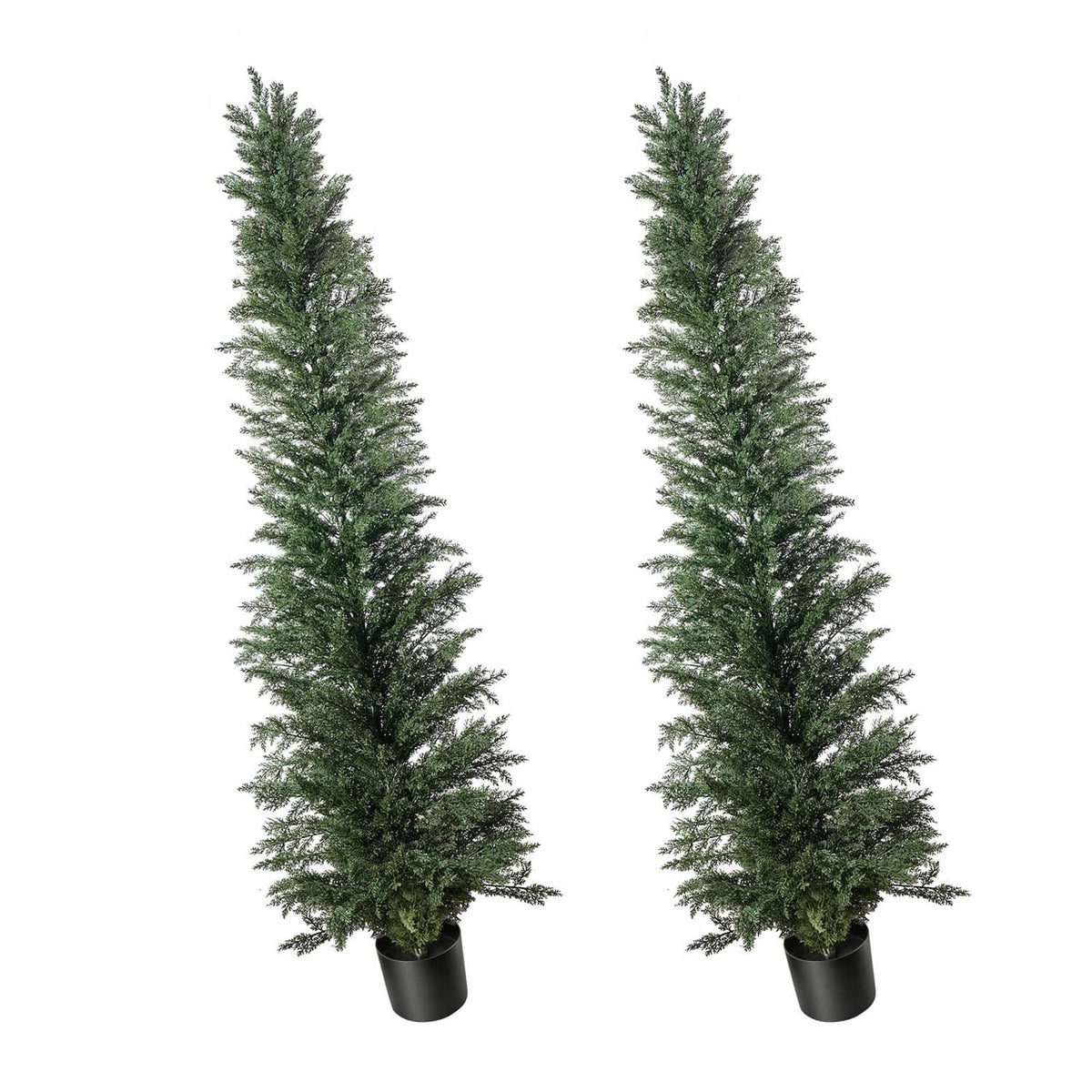 Artificial cedar topiary tree set of 2 in dark plastic pots with dense green foliage