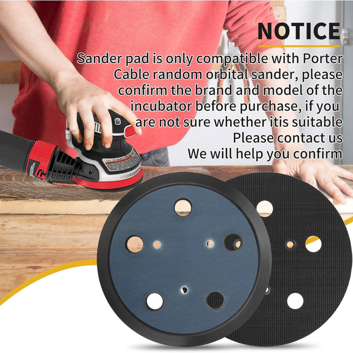 Two 5-inch sanding pads with five dust holes, blue and black hook faces shown