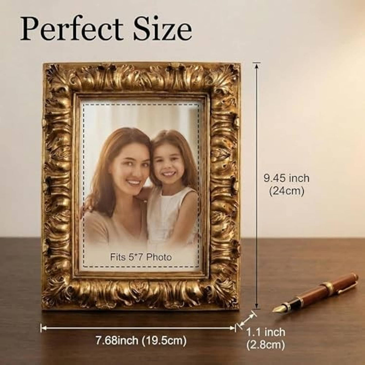 Ornate antique gold 5x7 photo frame with two-person portrait