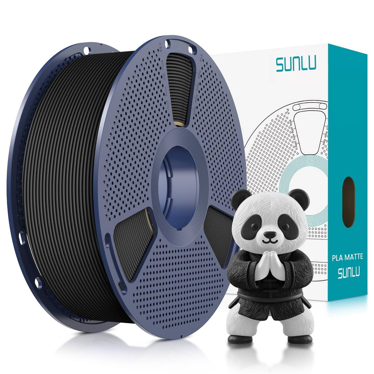 Black PLA matte 3D printer filament spool with panda figurine and teal package