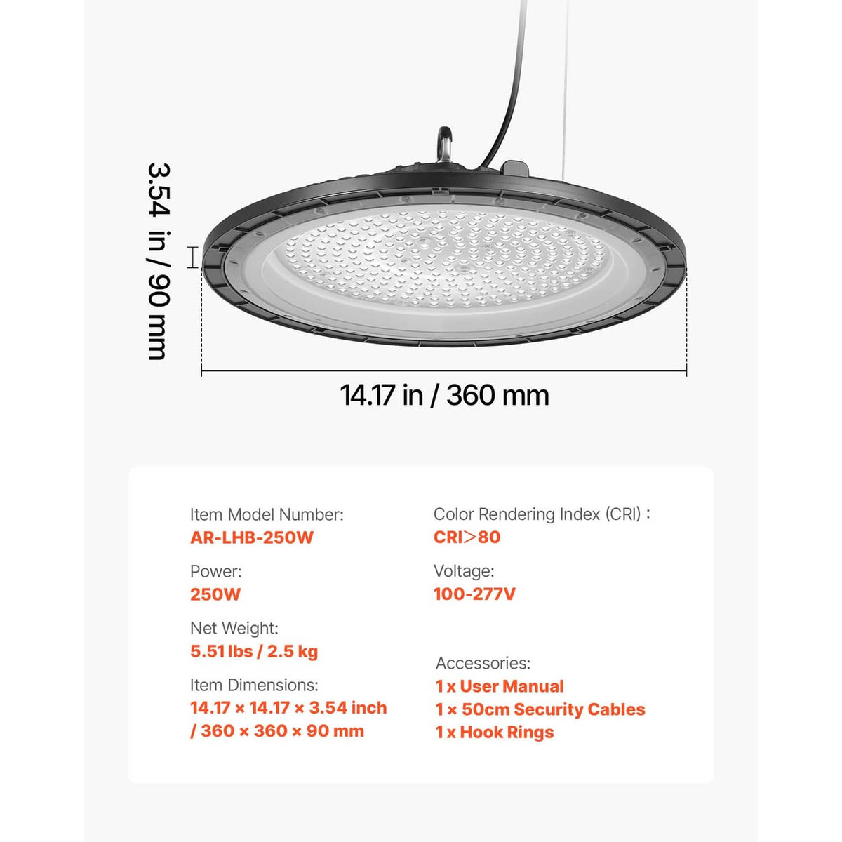 Round 14.17 in LED high bay light with white LED array under black ring frame