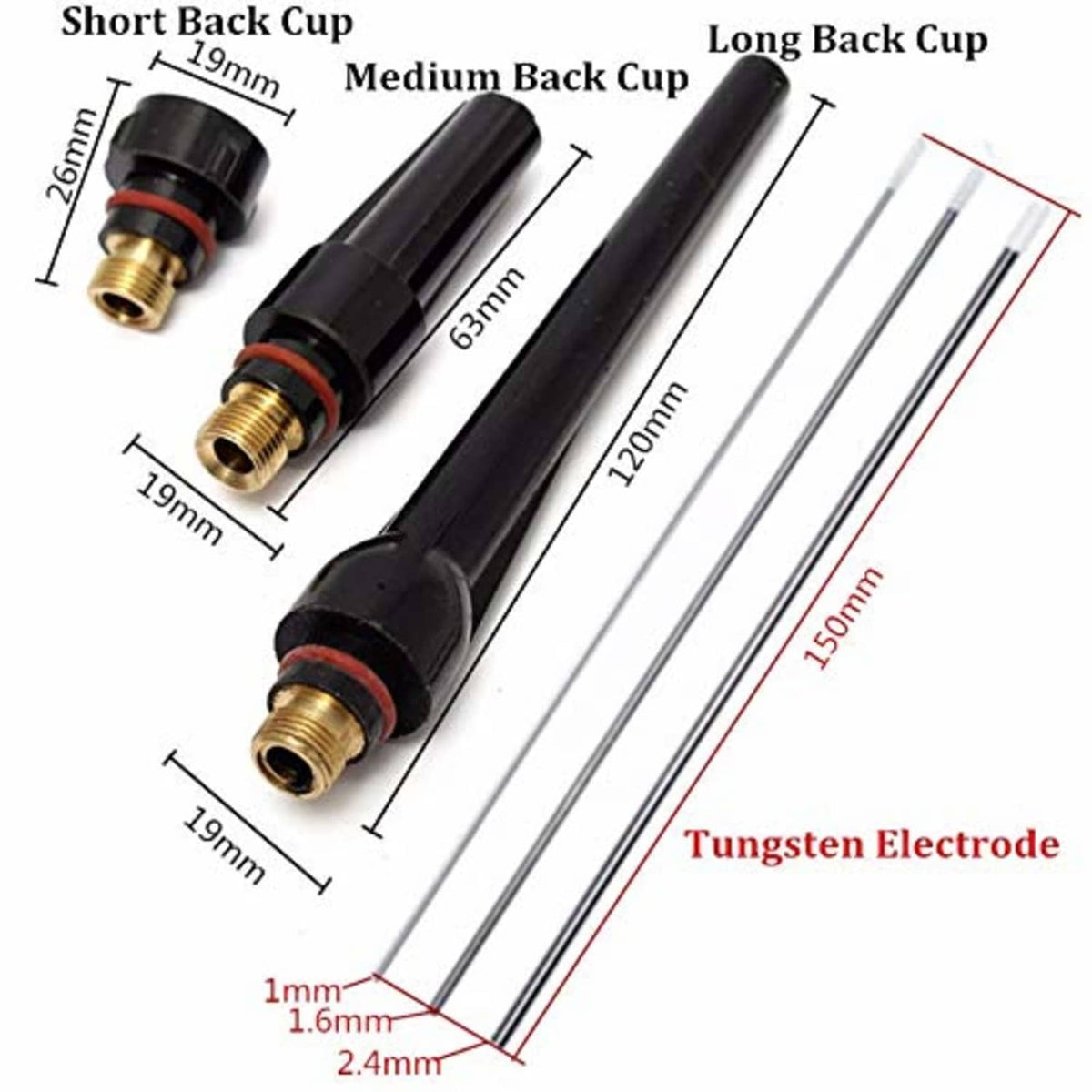 TIG torch back cups and tungsten electrode assembly with short, medium, and long cups