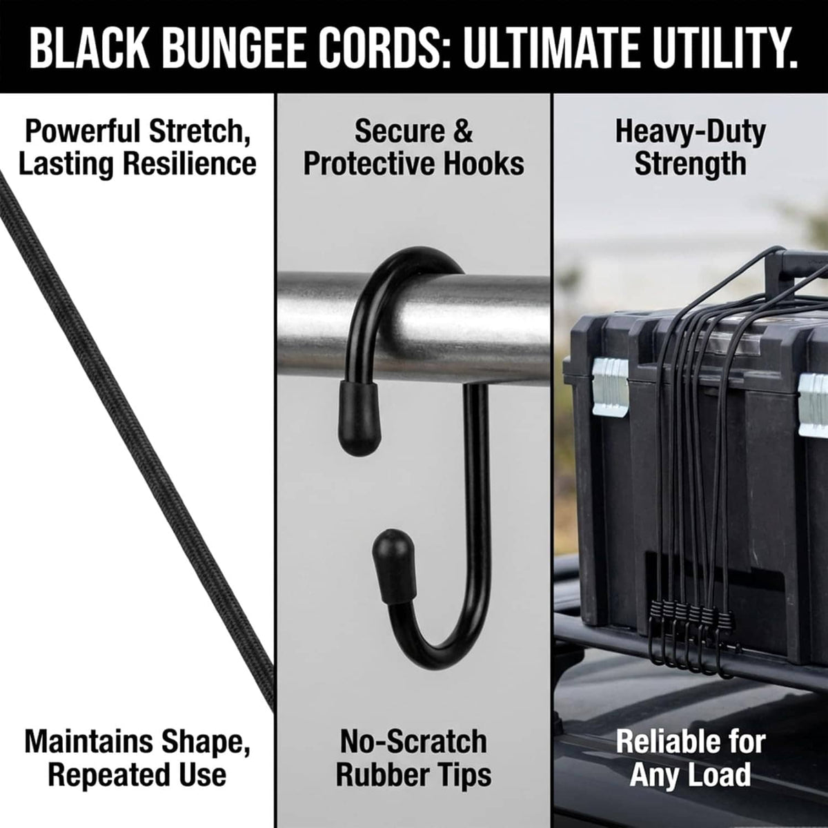 Black bungee cord with curved metal hook and protective rubber tip