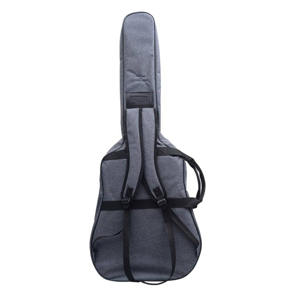 Jumbo guitar gig bag in dark gray with back padding, two shoulder straps, and carry handle.