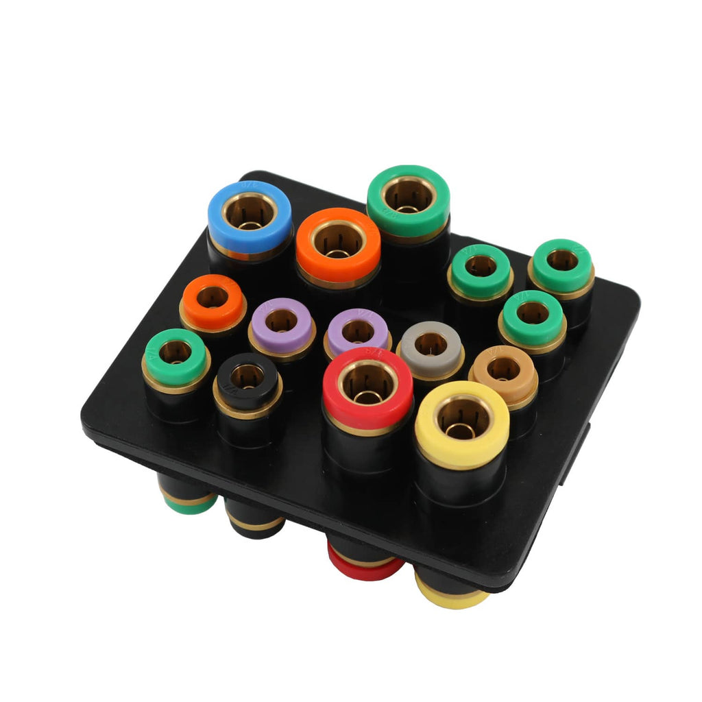 Air manifold with black plate and assorted colored rings on brass-tipped ports