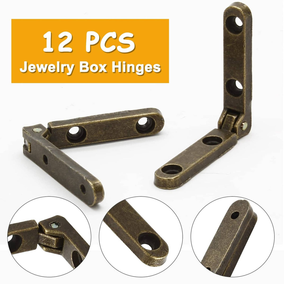 Bronze 90-degree jewelry box hinges, angled brackets with mounting holes