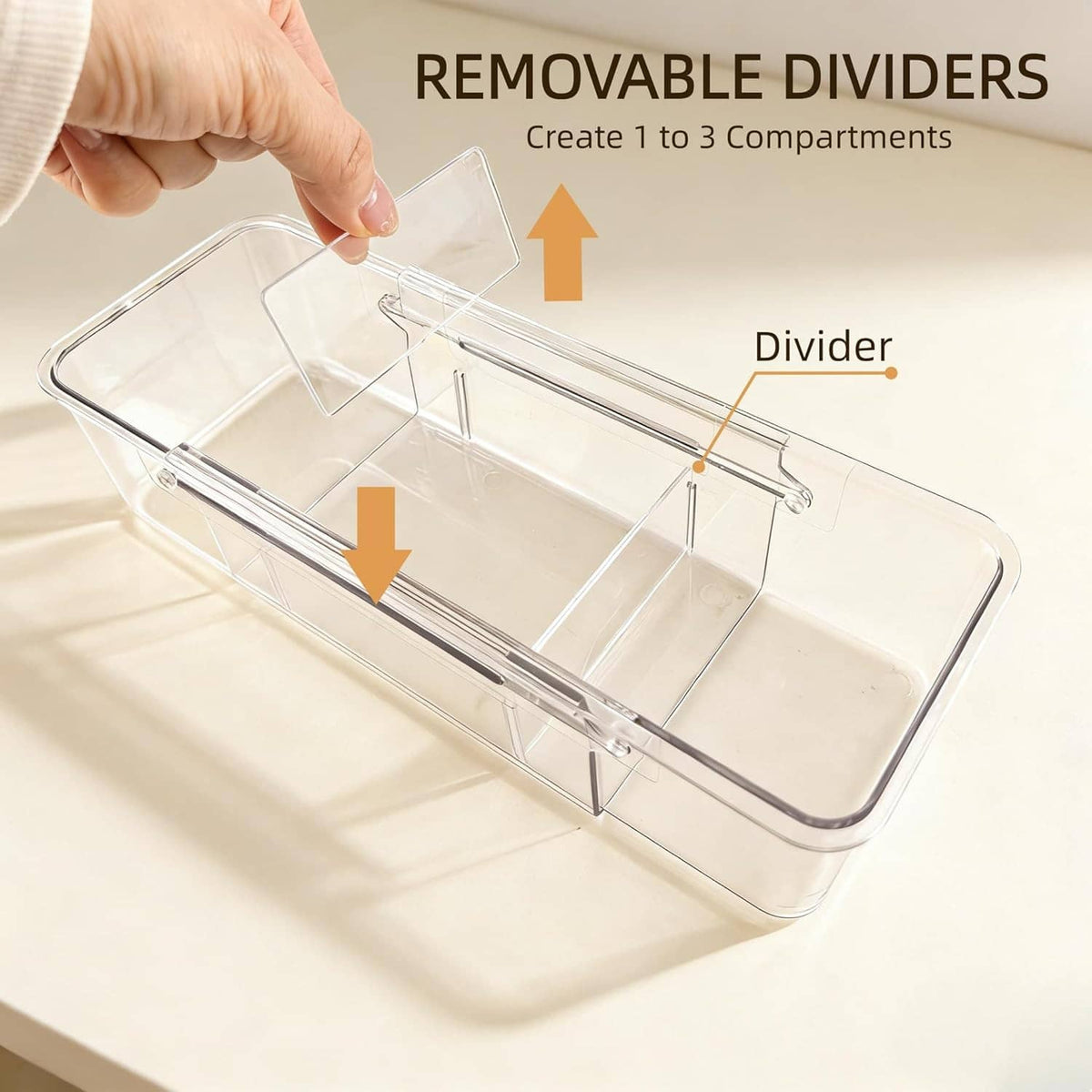 Clear acrylic tea bag holder with removable dividers creating 1 to 3 compartments