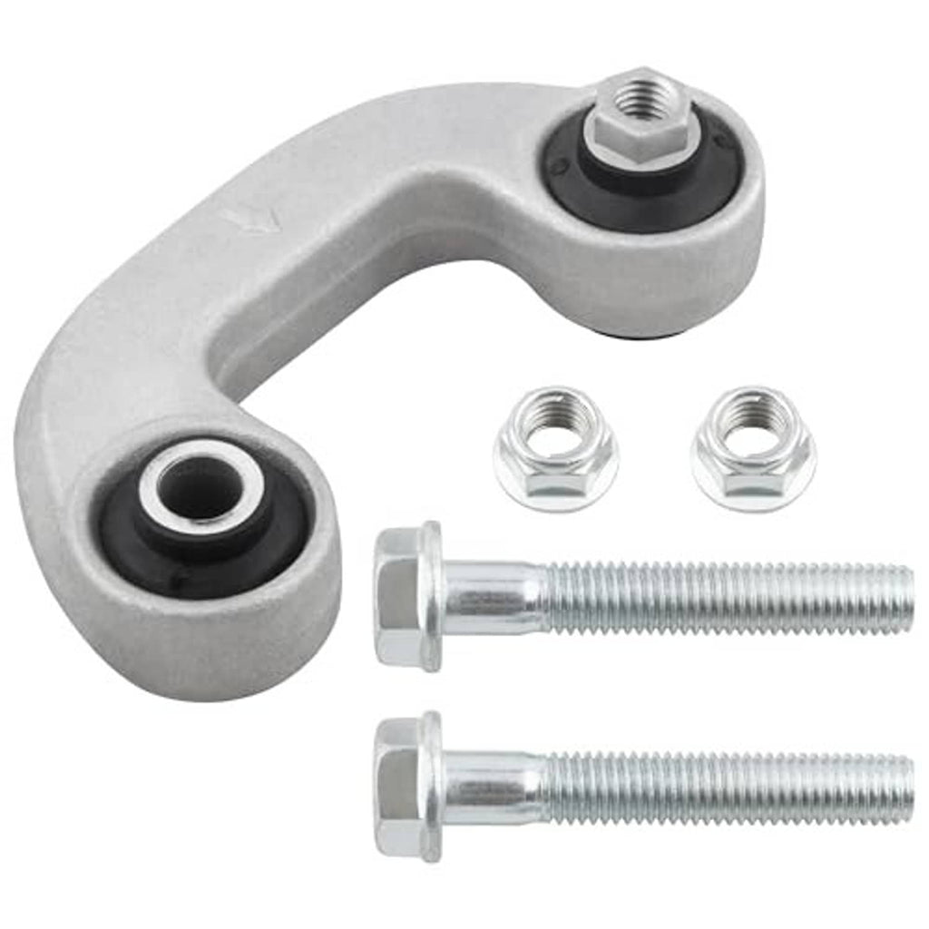 Sway bar end link and tie rod end assembly: grey arms, black bushing, threaded bolts, nuts