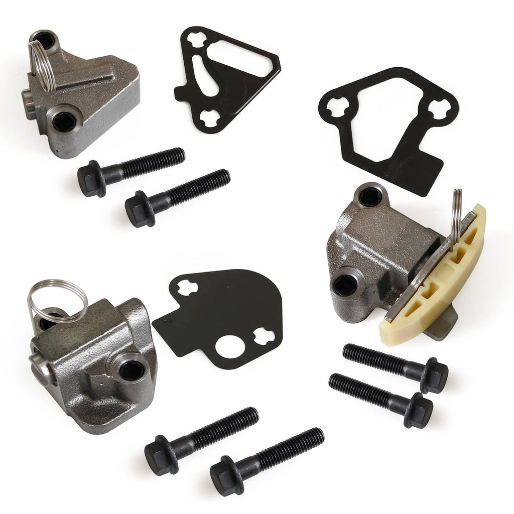 Timing chain kit hardware set with silver brackets, black seals, bolts, and washers