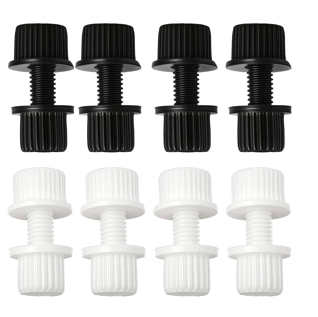Nylon license plate screw and nut set arranged in rows, black and white plastic fasteners