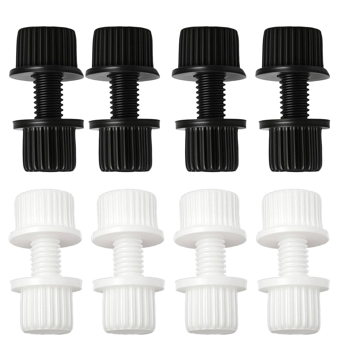 Nylon license plate screw and nut set arranged in rows, black and white plastic fasteners