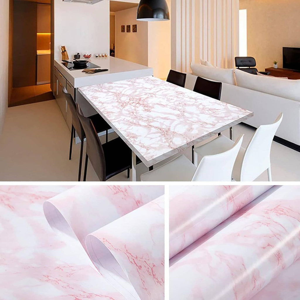 Pink marble peel-and-stick tabletop film with rolled sheet underneath