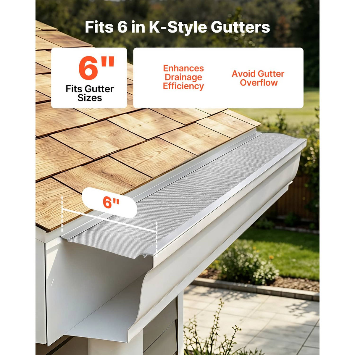 6 in K-style gutter cover with gray steel mesh, fitted over gutter trough