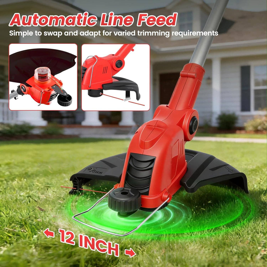 Cordless line trimmer head with automatic line feed and black cutting guard, red body