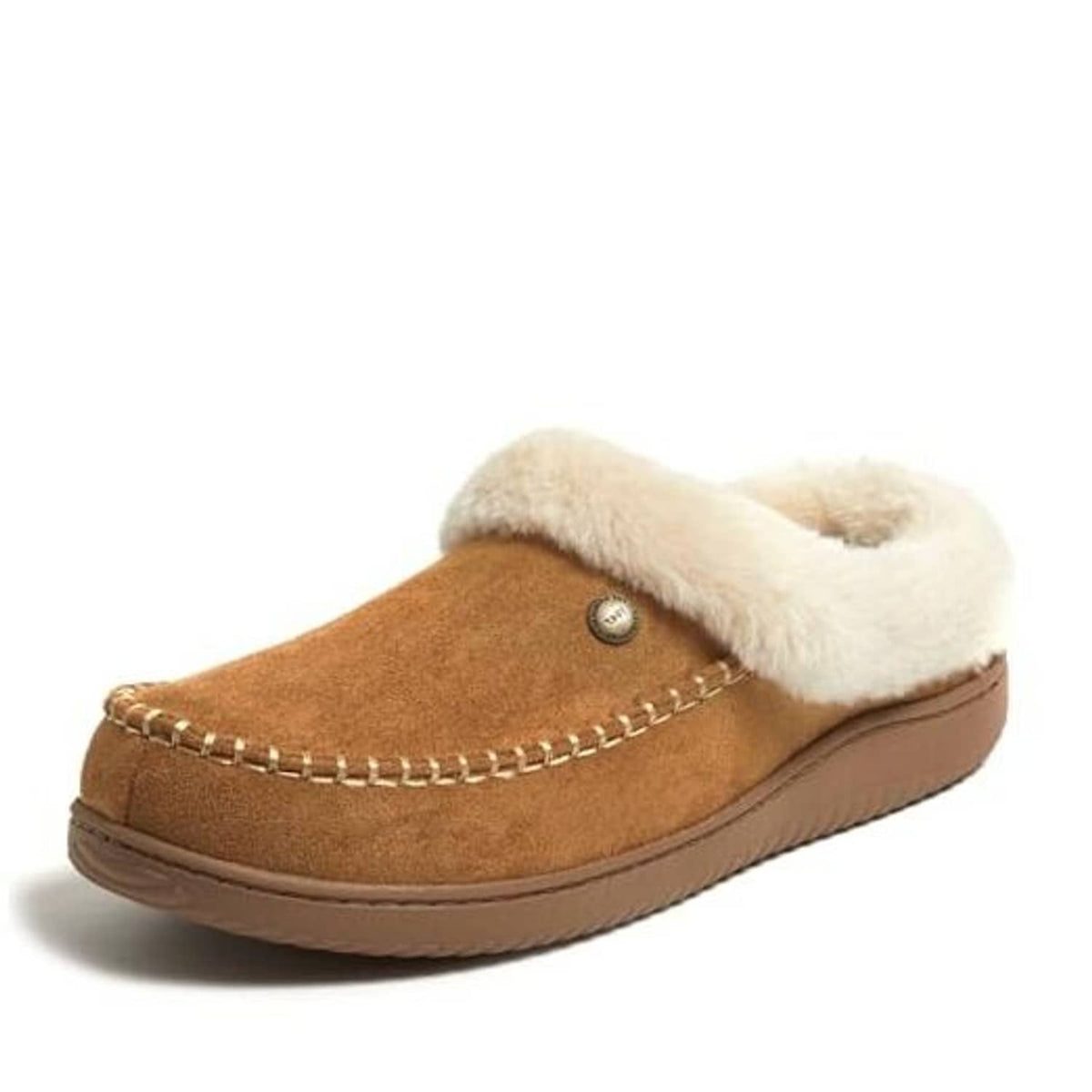 Brown suede slip-on house shoe clog with white faux-fur collar and stitched trim