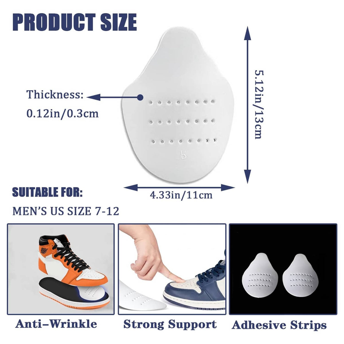 Large white perforated shoe crease protector toe pad with size dimensions