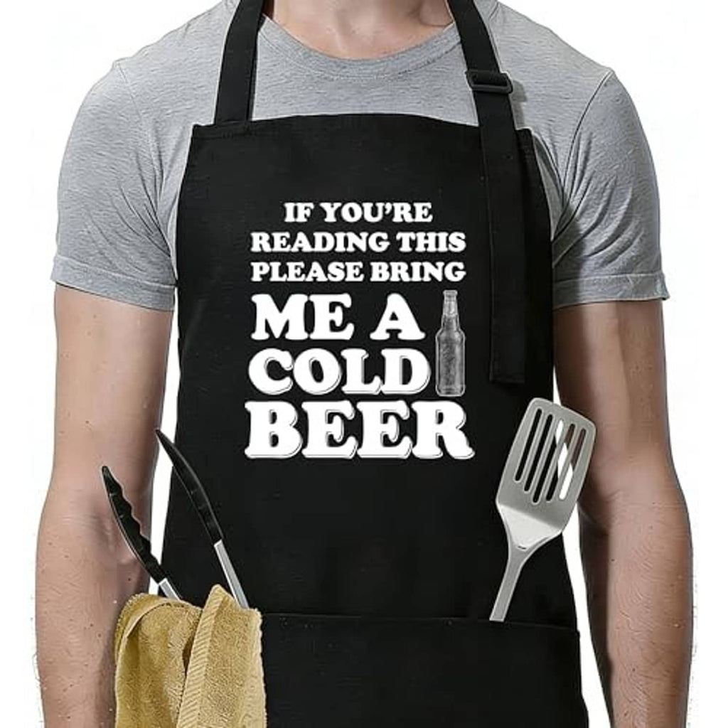 Black apron with 'me a cold beer' text and white utensil-style pocket on right