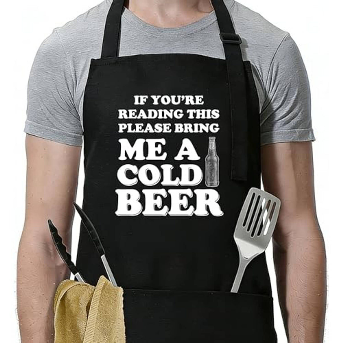 Black apron with 'me a cold beer' text and white utensil-style pocket on right