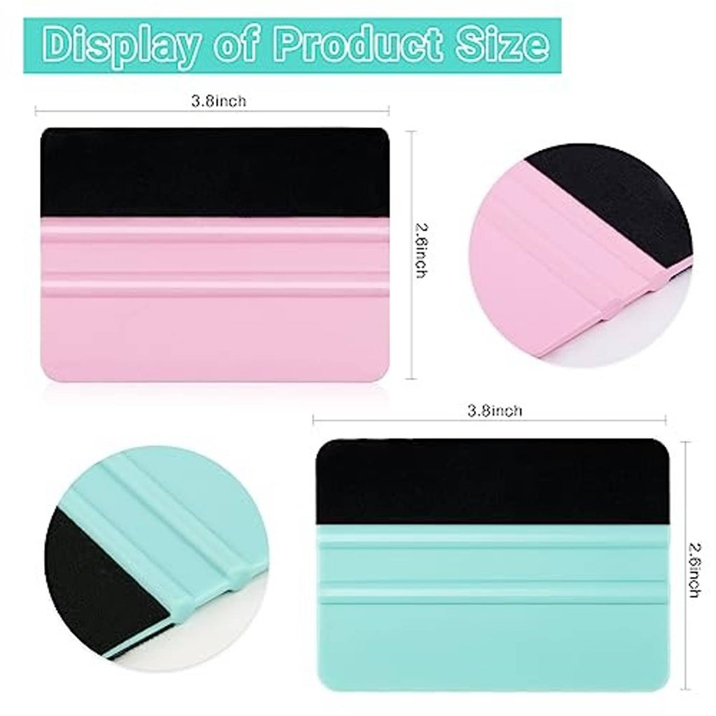 Teal and pink vinyl squeegee felt tools; diagram shows 3.8 in and 2 in size