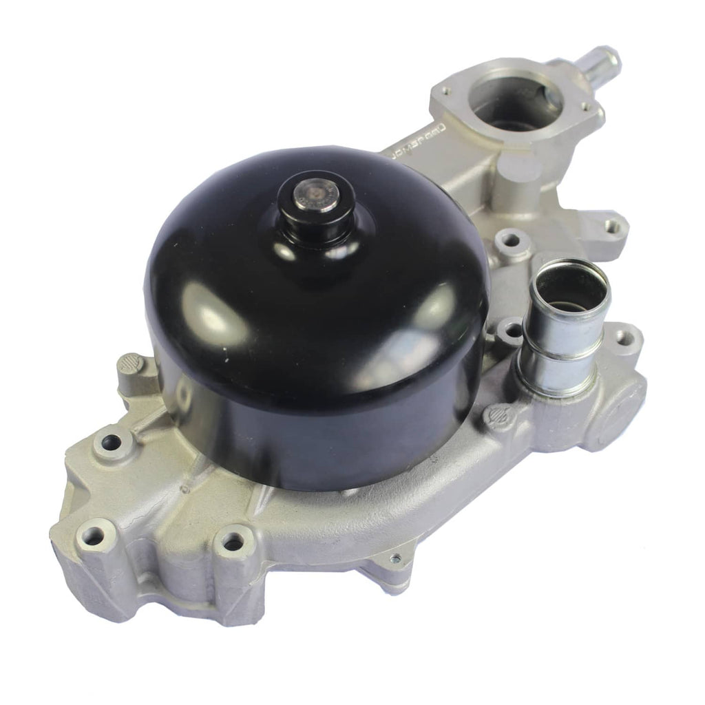 Water pump assembly with black domed cover and metal coolant outlet fitting