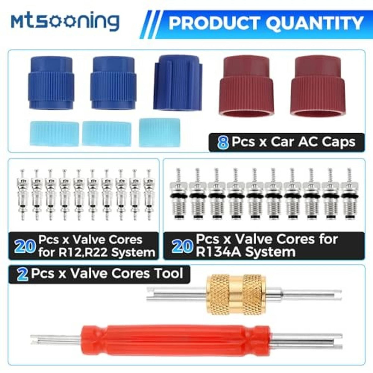 Air conditioner service caps and valve cores set with blue and red cap pieces