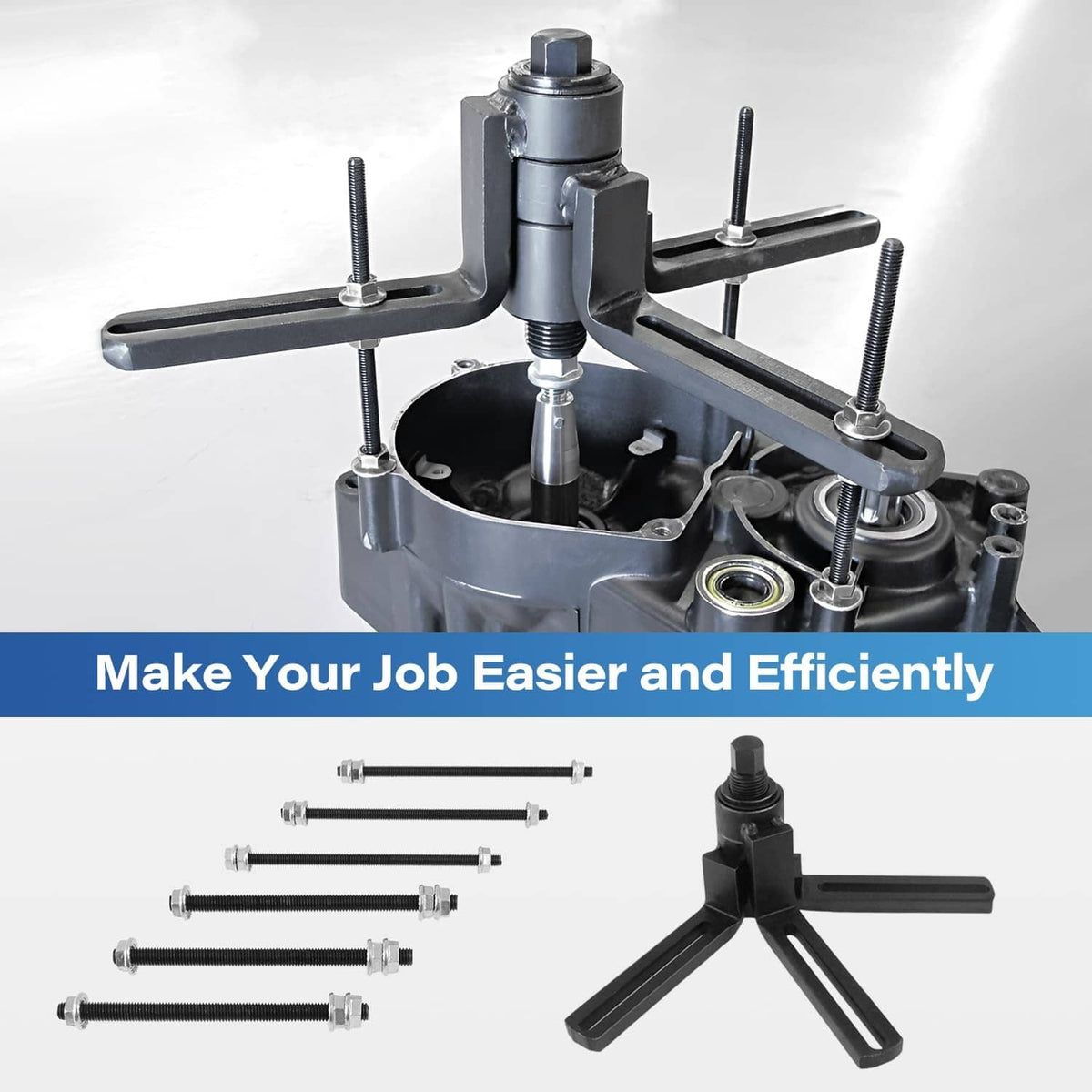 Crankshaft installer tool mounted on an engine crankcase with blue lifting sleeve