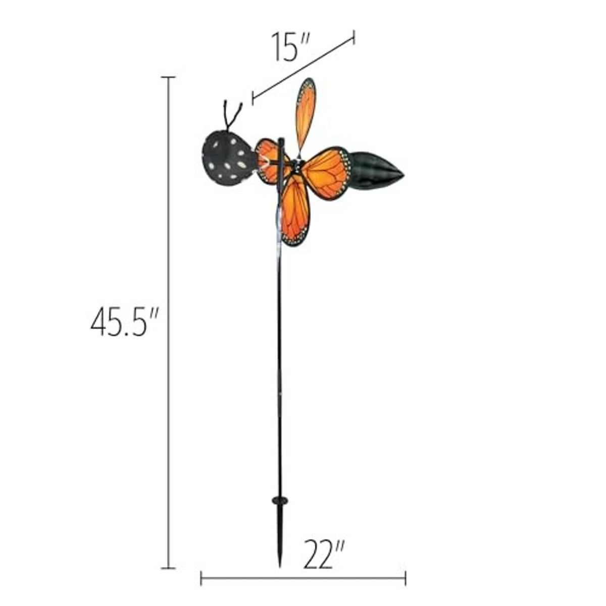 Monarch butterfly wind spinner with size marks: 45.5 in tall, 22 in wide
