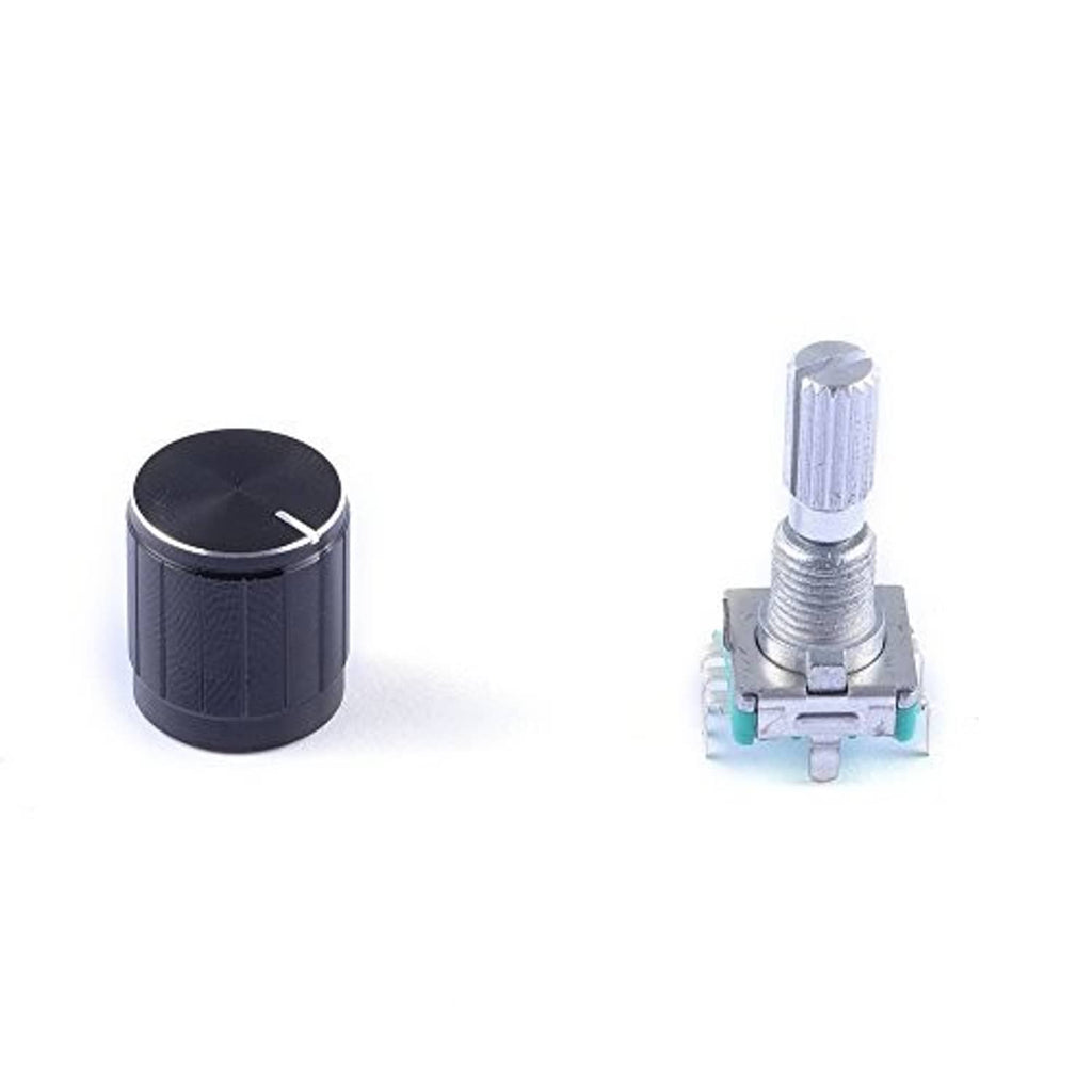 Rotary encoder potentiometer module pair with black push knobs and silver shaft.