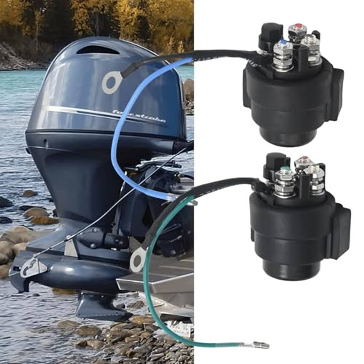 Pair of black relay solenoids for outboard with blue and green wire leads