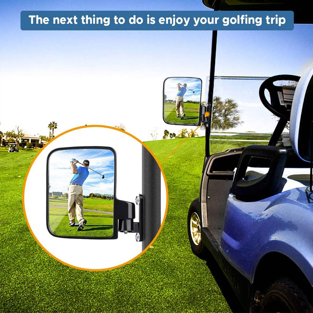 Golf cart with rearview side mirrors, convex lens shows golfer scene