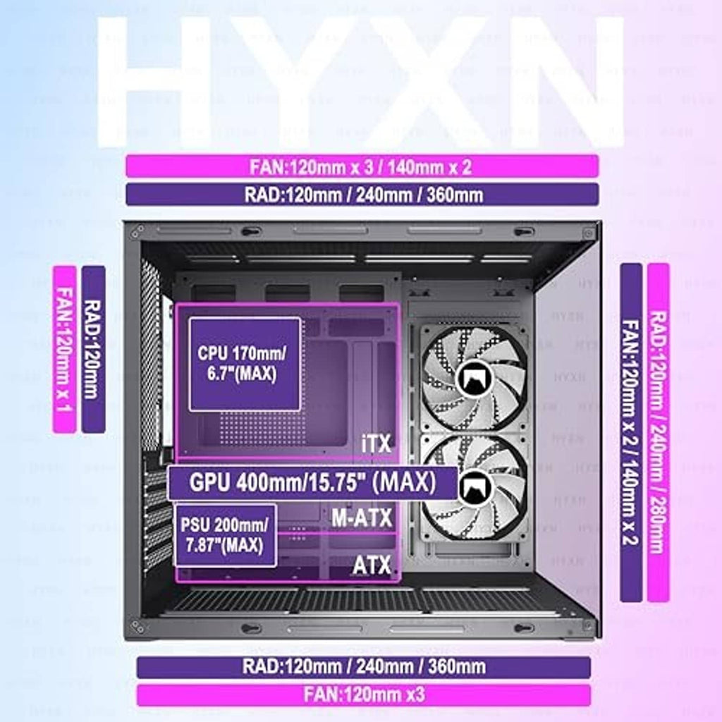 PC case layout diagram showing fan and radiator clearance for ATX and M-ATX builds.