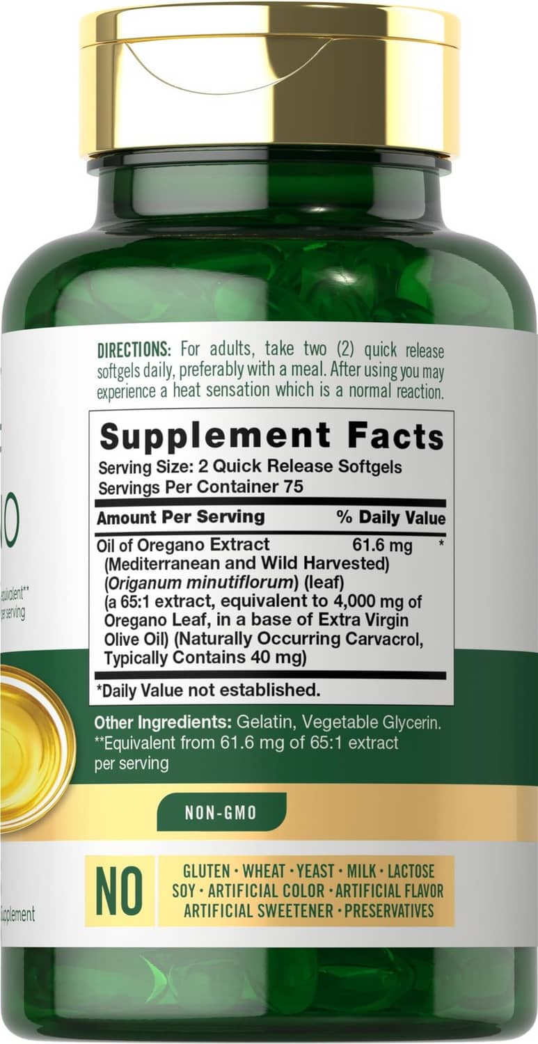 Oil of oregano supplement bottle with gold cap and “Supplement Facts” label