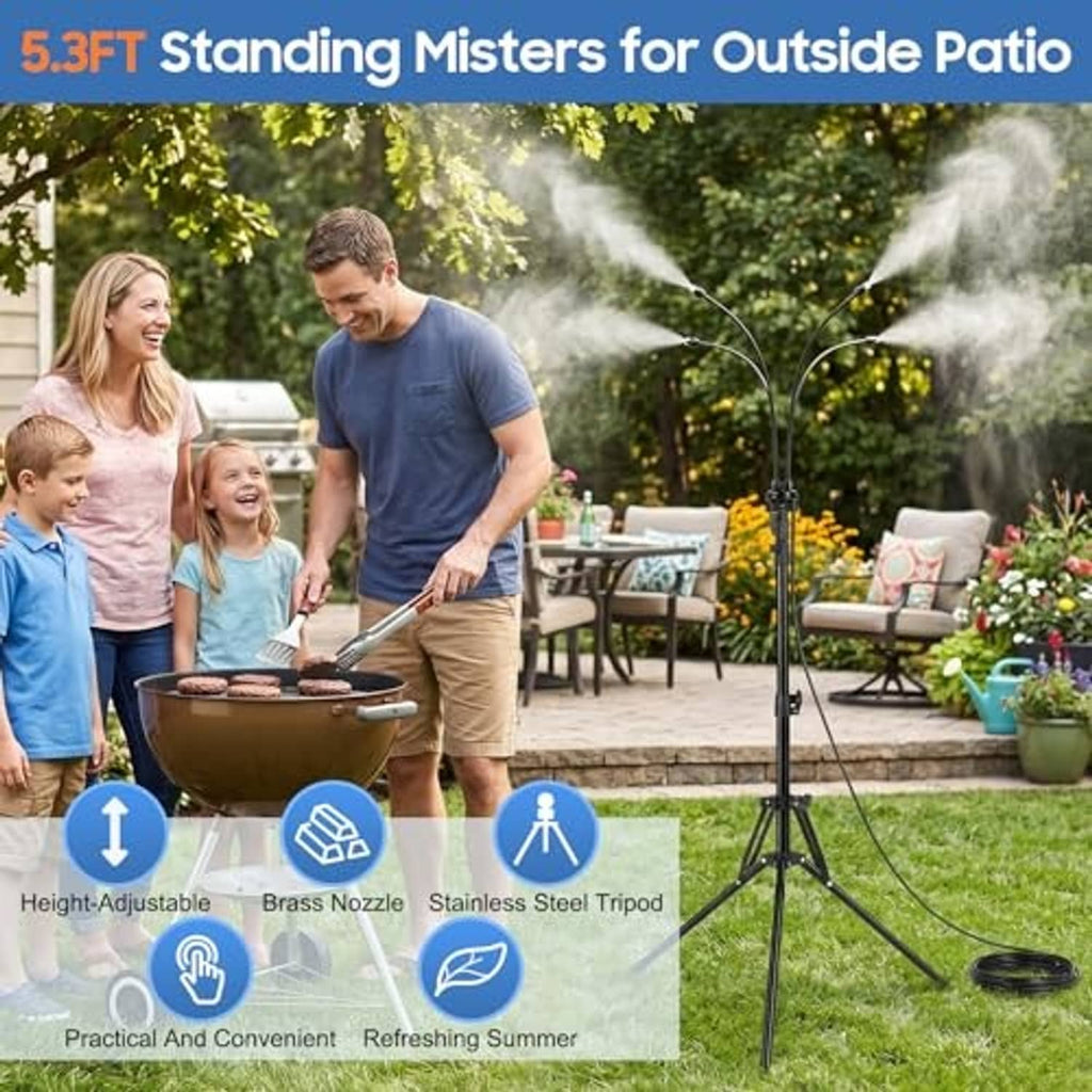 Outdoor standing misting sprinkler on tripod with dual spray arms producing fine mist