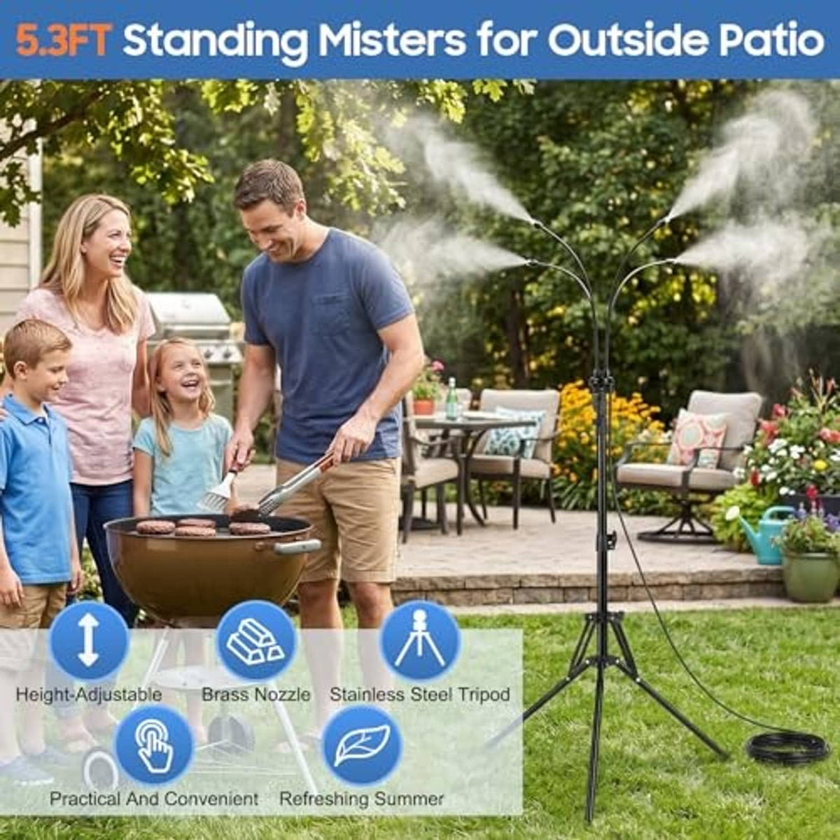 Outdoor standing misting sprinkler on tripod with dual spray arms producing fine mist