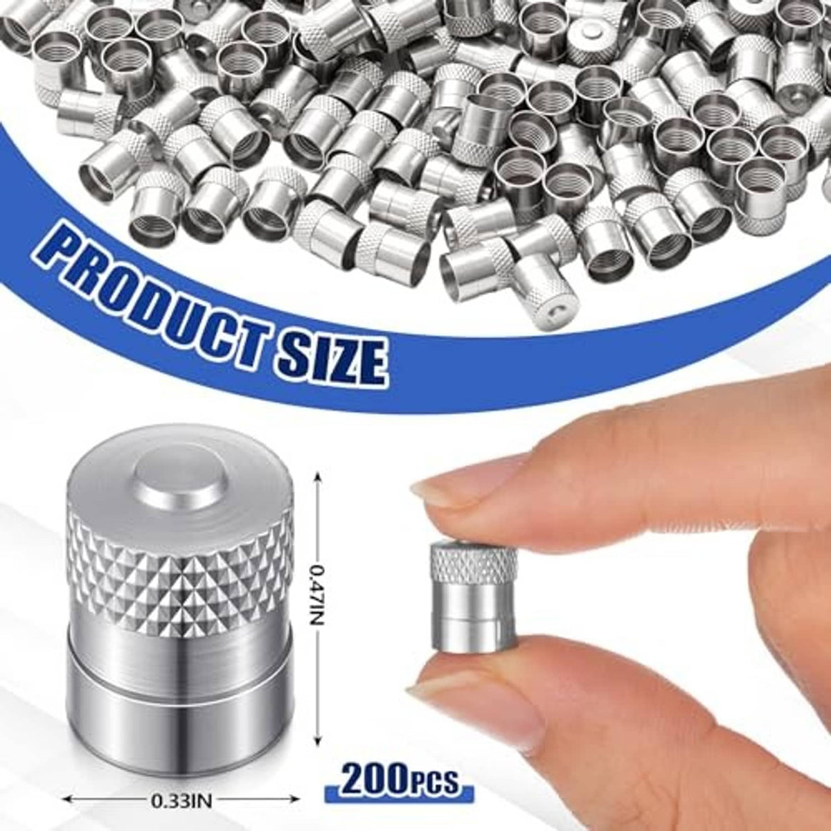 Metal tire valve stem caps and one cap shown close-up