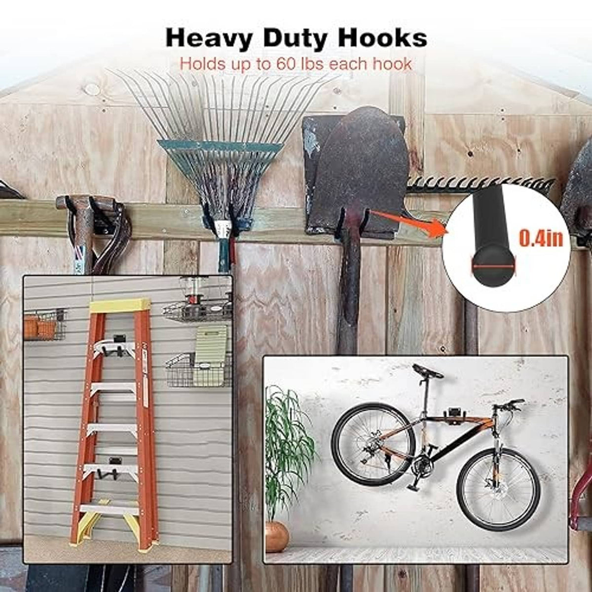 Black heavy-duty garage hooks mounted on a board with curved arms and tips