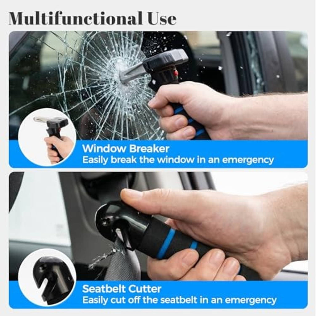 Blue-and-black car handle assist held in hand with metal head at door