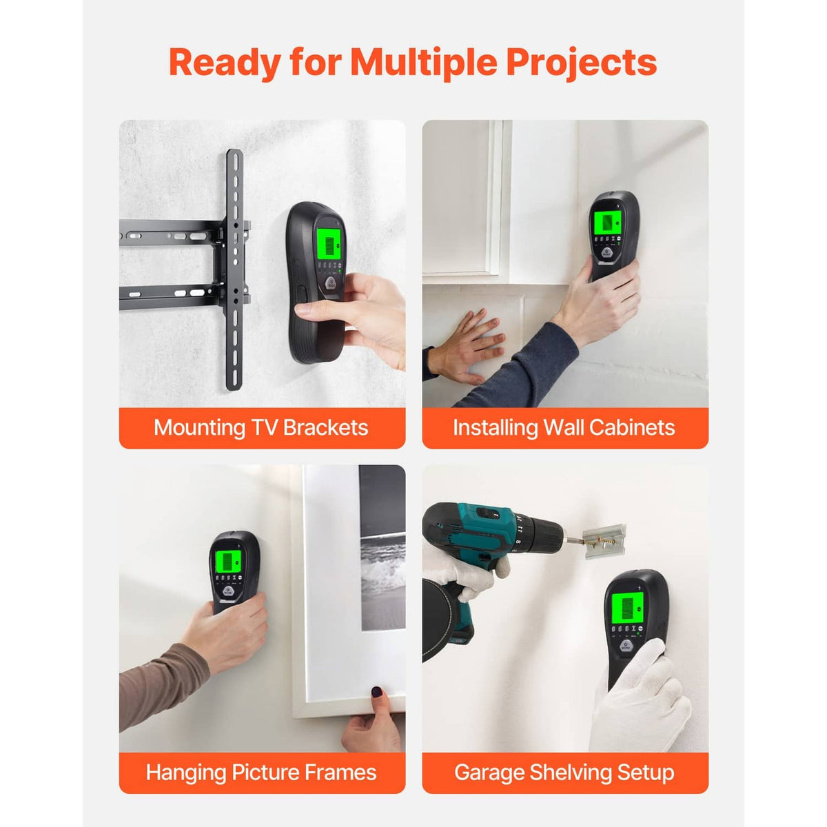Black stud finder scanner with green LCD shown for mounting and installation tasks