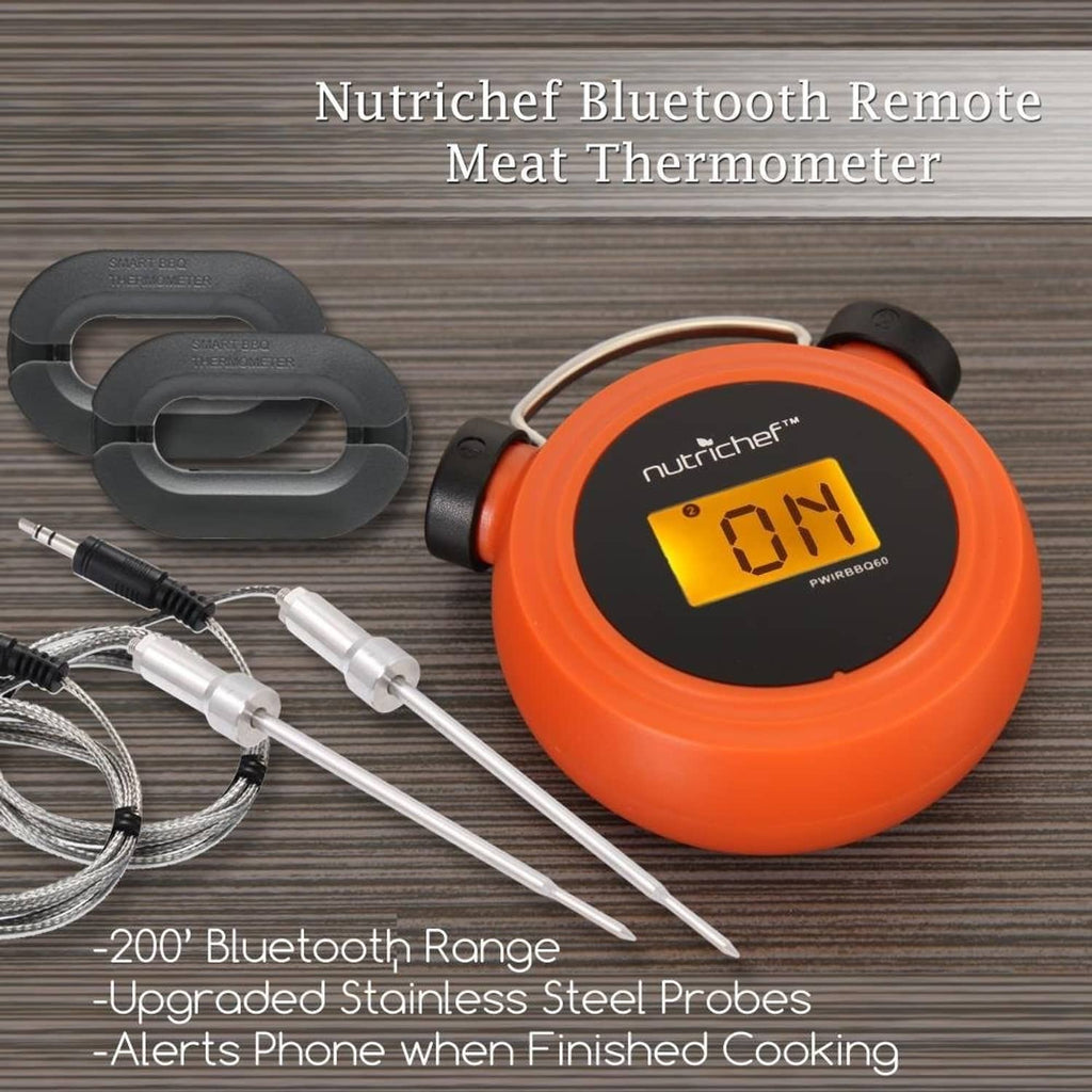 NutriChef Bluetooth meat thermometer with orange unit, stainless probes, and probe cable