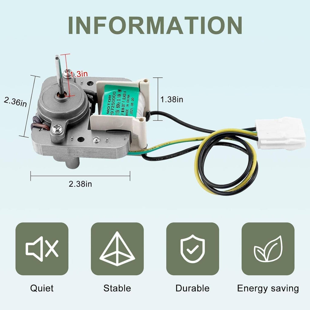 Evaporator fan motor with wire harness and white plug connector, compact appliance part