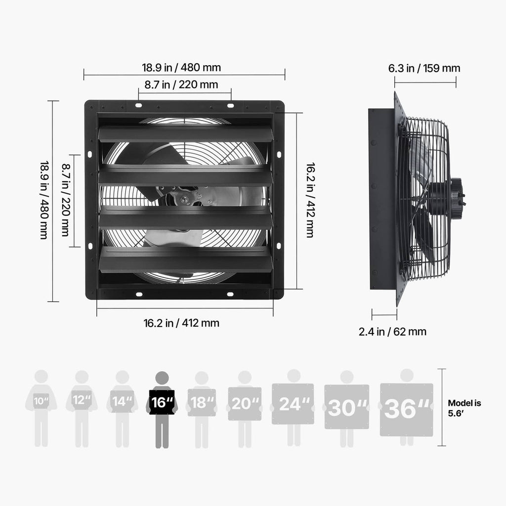 Wall-mounted shutter exhaust fan technical diagram with front and side dimensions, black.