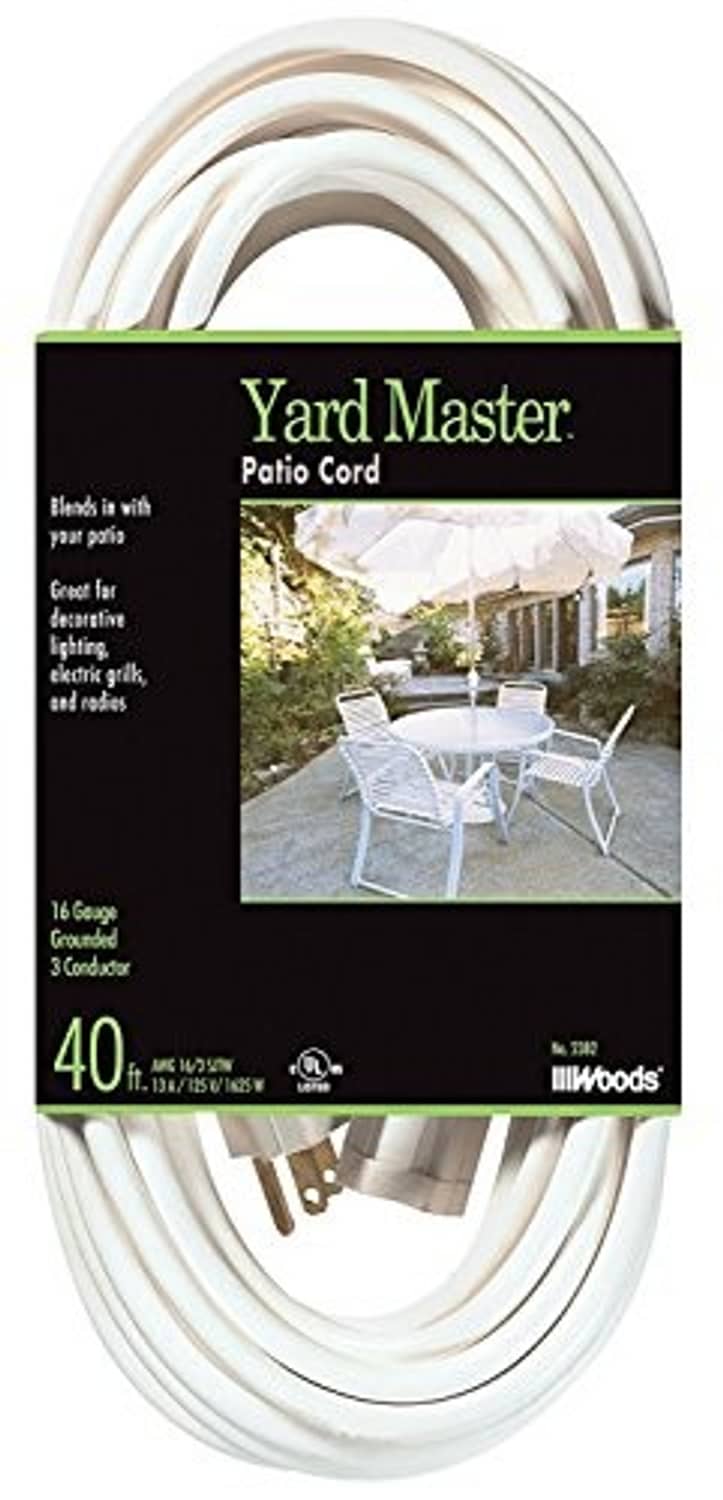 Light-duty outdoor extension cord, 40 ft, 16-gauge white, Yard Master patio cord pack