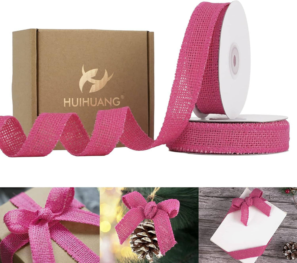 Hot pink burlap ribbon on spool with loose ribbon loops and woven grid texture