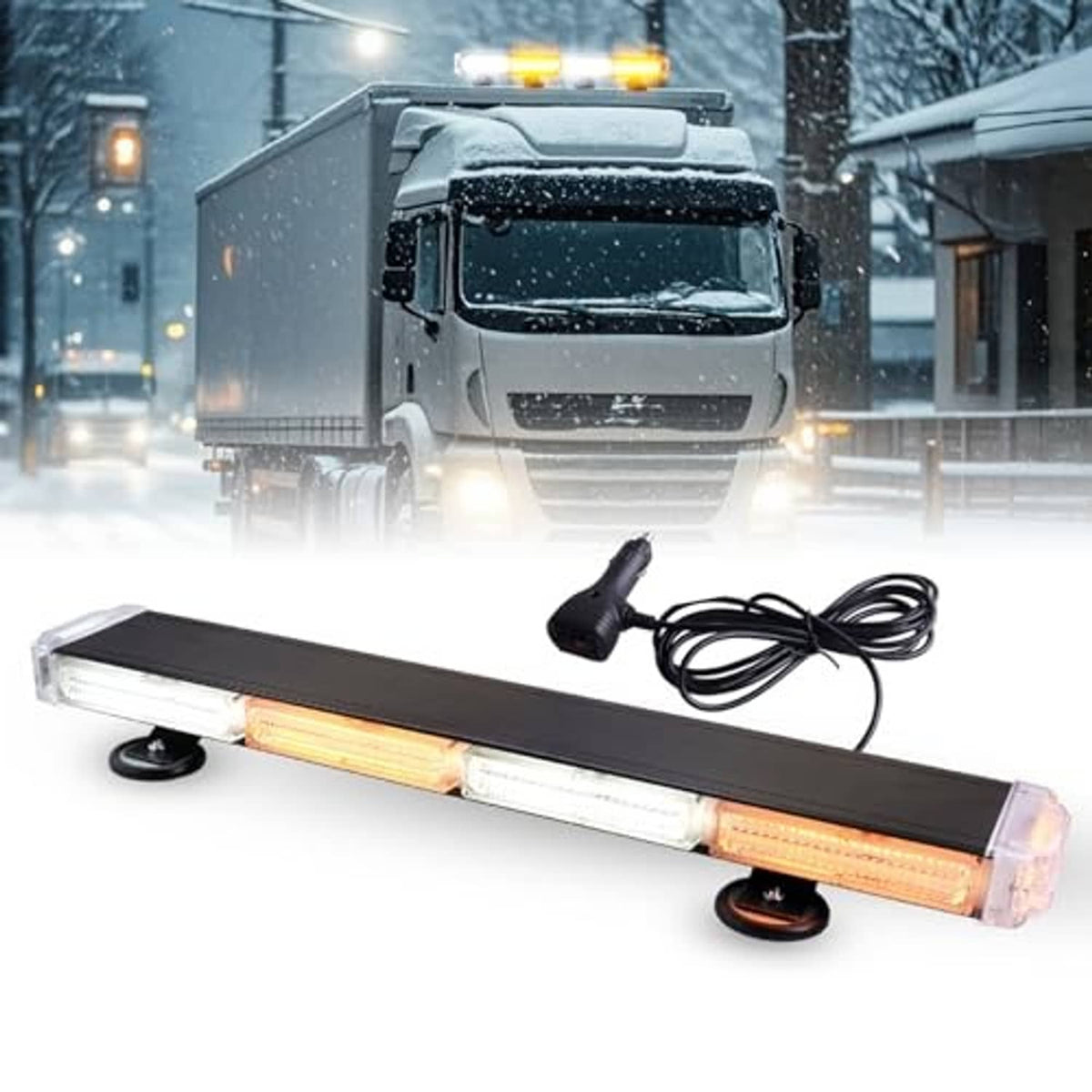 Amber and white LED strobe light bar with clear end caps and attached black power cord.
