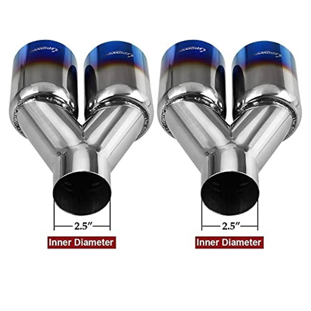 Dual exhaust tips set showing 2.5 in inner diameter and two round black outlet ends