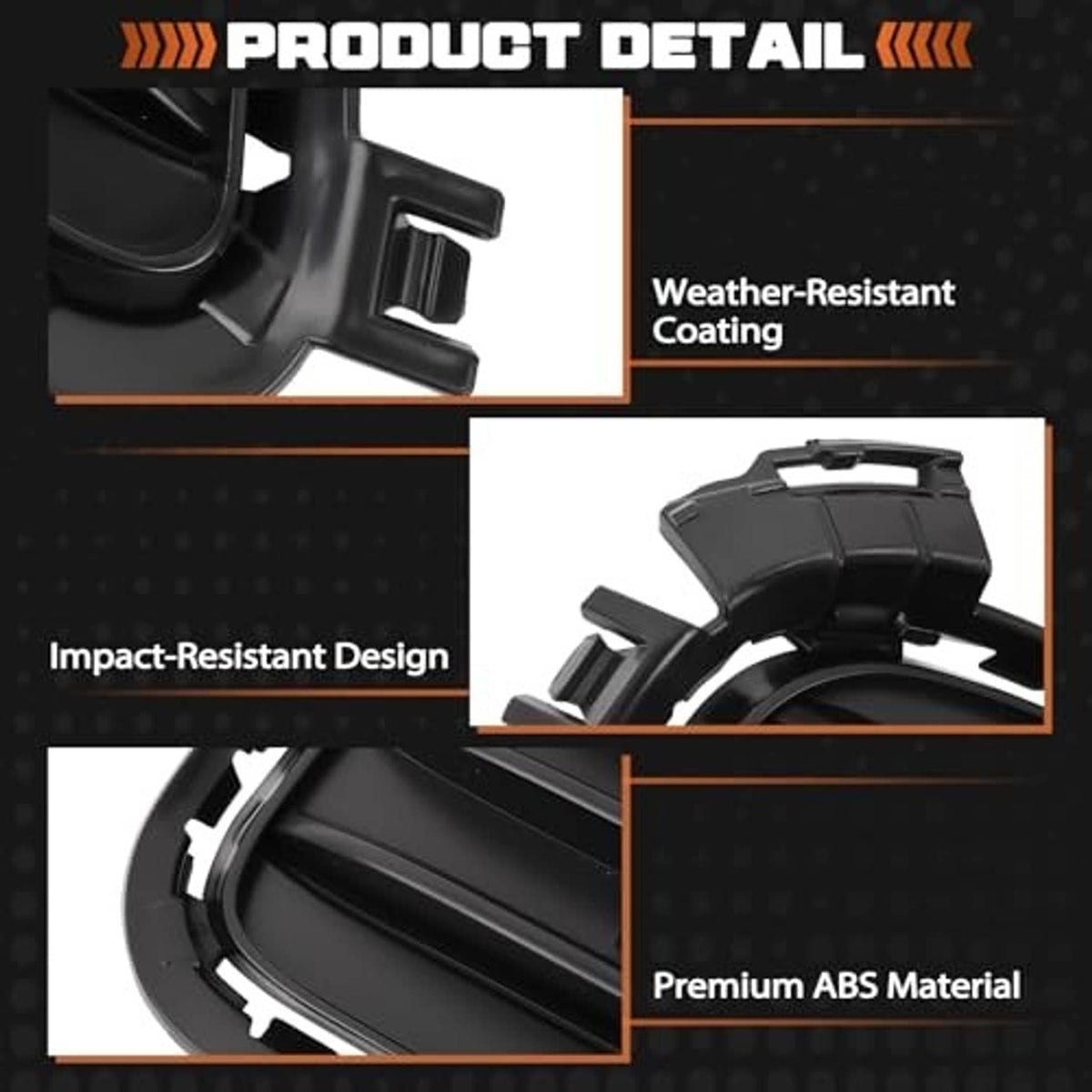 Close-up of black ABS fog light grille with impact-resistant and weather-resistant features
