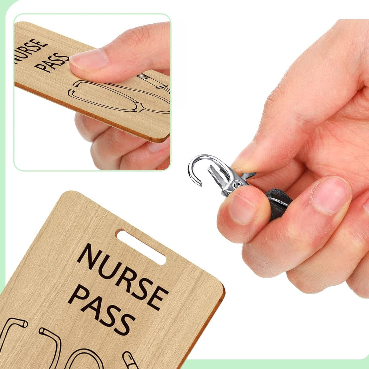 Hands attaching metal carabiner to black lanyard on a wooden nurse pass card